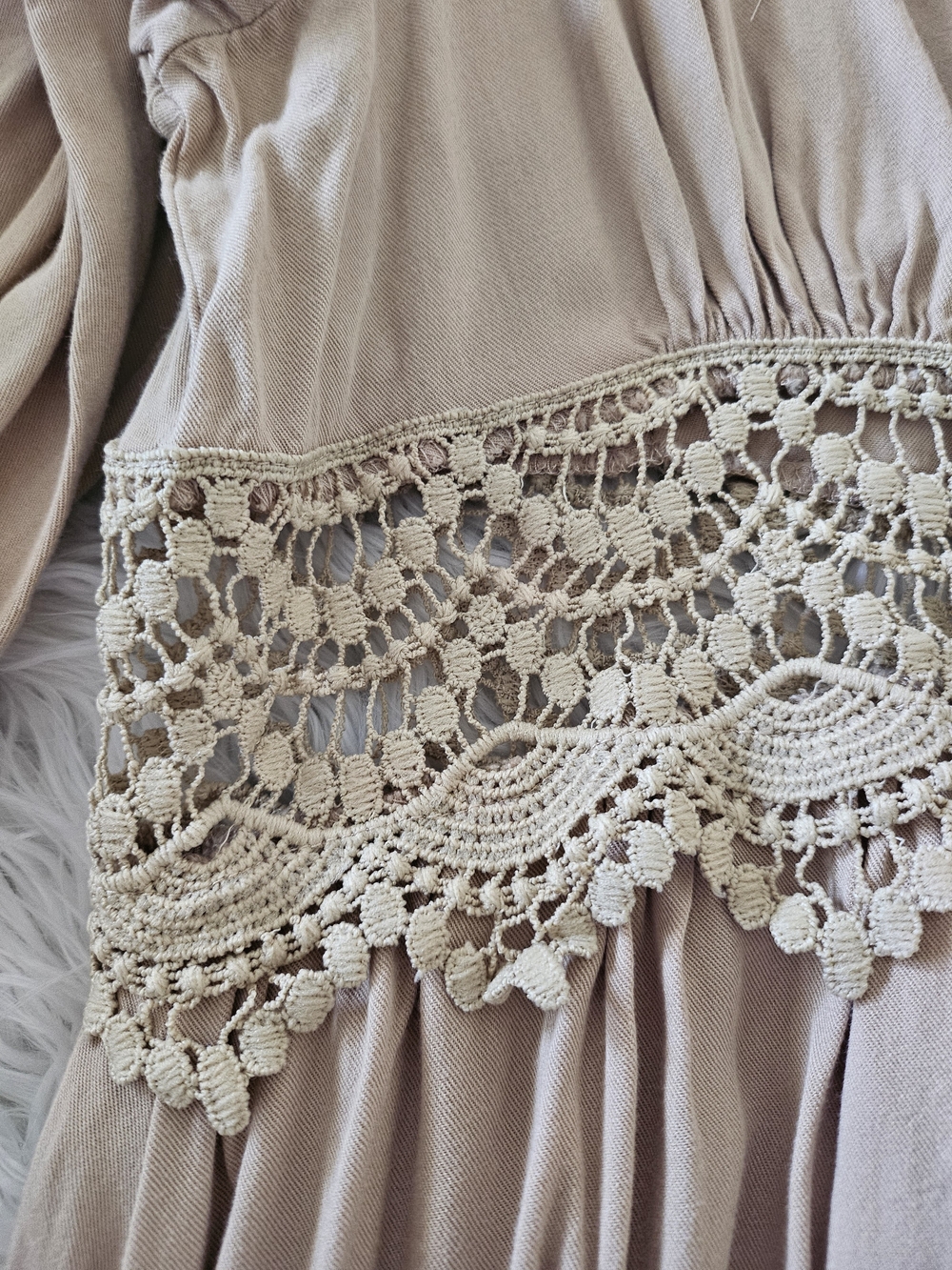 Boho Crochet Trim Surplice Tunic Dress in Taupe - Picture 3 of 3